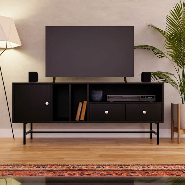 Leisure Mod Rochester Rectangular TV Stand: MDF Enclosed Storage & Iron Legs
