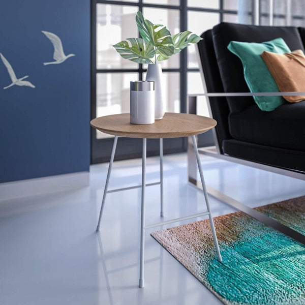 Leisure Mod Rossmore Round Side Table With MDF Wood Tabletop In White Steel