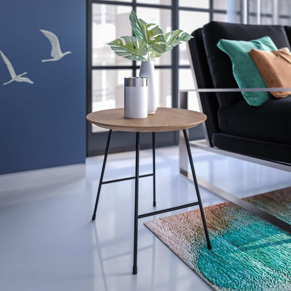 Leisure Mod Rossmore Round Side Table With MDF Wood Tabletop In Black Steel