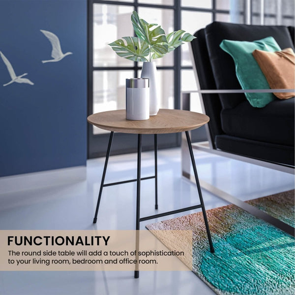 Leisure Mod Rossmore Round Side Table With MDF Wood Tabletop In Black Steel