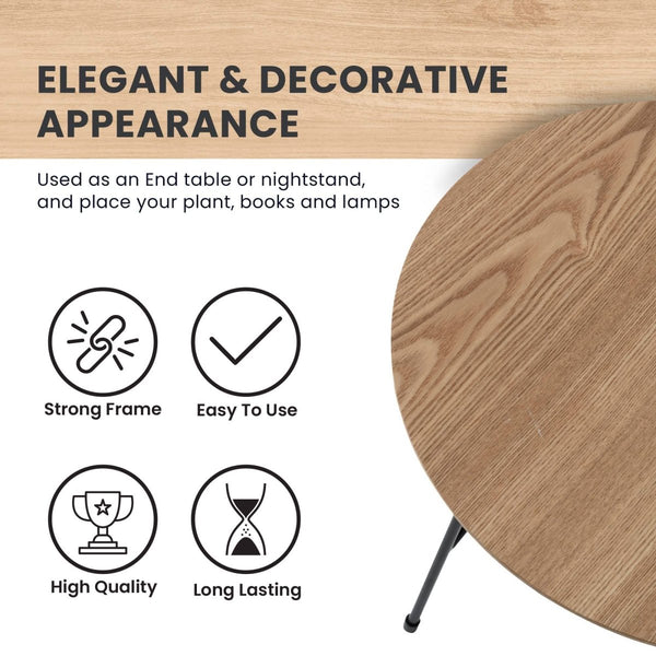 Leisure Mod Rossmore Round Side Table With MDF Wood Tabletop In Black Steel