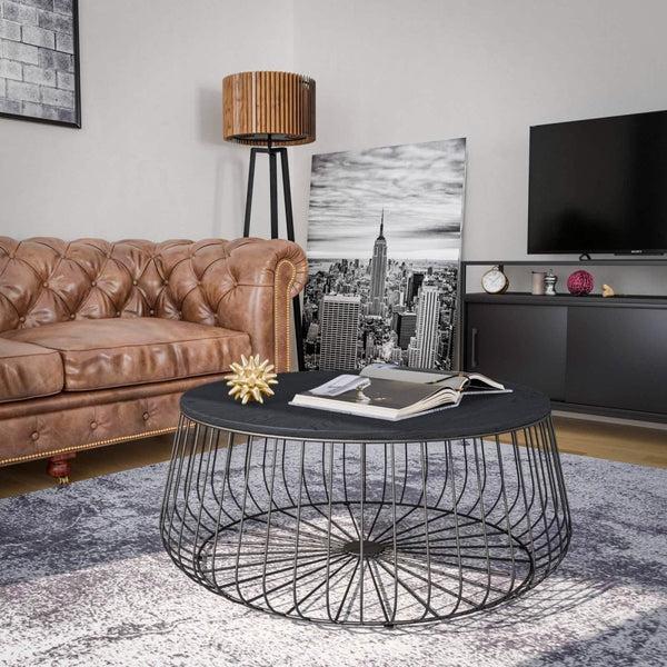 Leisure Mod Runswick Round Coffee Table With MDF Tabletop Storage Space In Black Steel Base