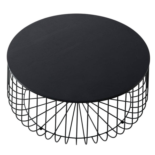 Leisure Mod Runswick Round Coffee Table With MDF Tabletop Storage Space In Black Steel Base
