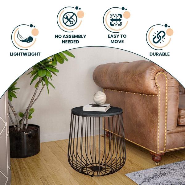 Leisure Mod Runswick Round End Table Wood Tabletop With Steel Drum Base For Storage