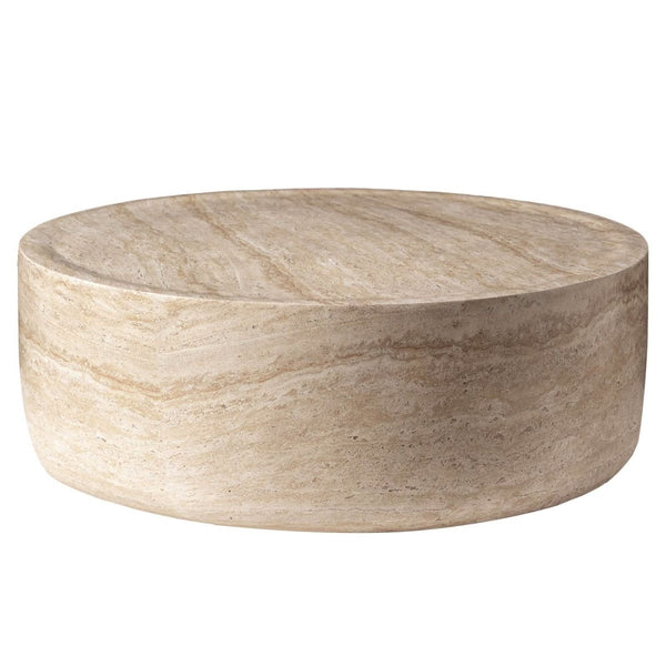 leisure mod Sandy 32" Round Coffee Table Travertine Finish Fiberstone Indoor/Outdoor