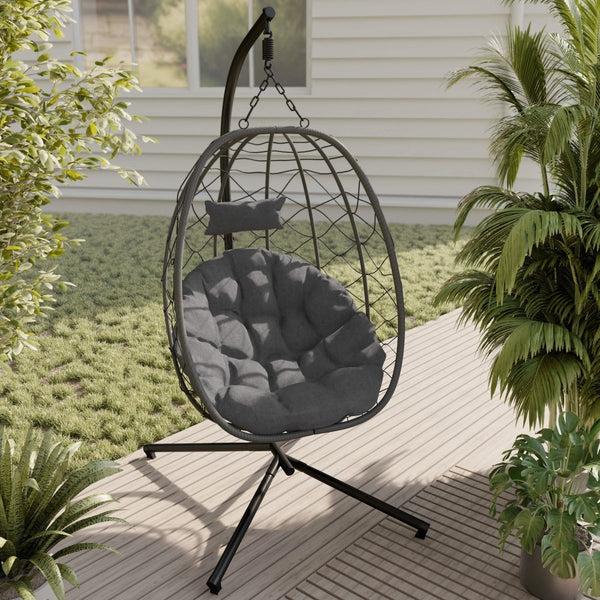 Leisure Mod Summit Outdoor Single Person Egg Swing Chair In Grey/Black/Brown Steel Frame With Removable Cushions