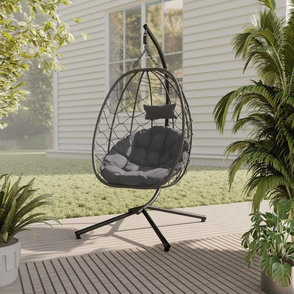 Leisure Mod Summit Outdoor Single Person Egg Swing Chair In Grey/Black/Brown Steel Frame With Removable Cushions