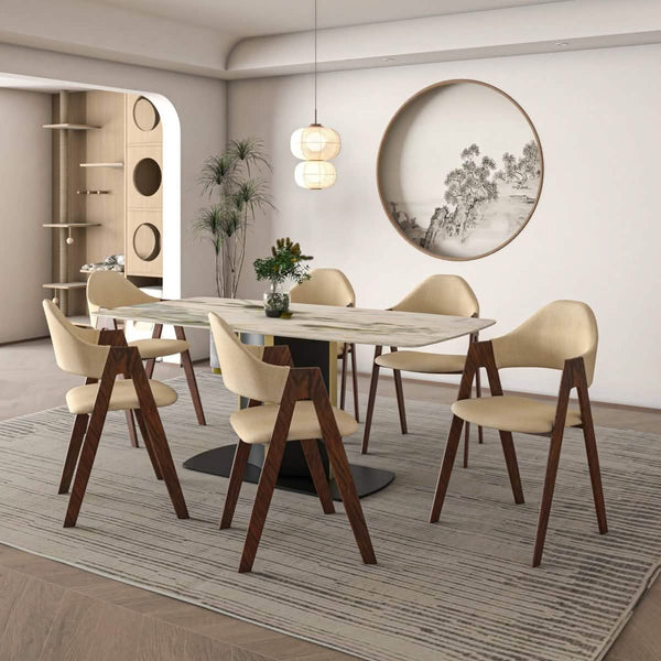 Leisure Mod Sylva 7-Piece Dining Set With Rectangular Sintered Stone Dining Table And 6 Upholstered Dining Chairs