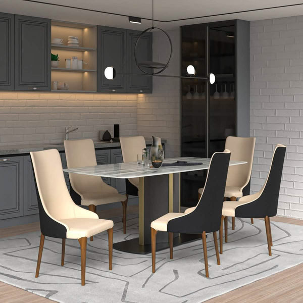 Leisure Mod Sylvia 7-Piece Dining Set With Rectangular Sintered Stone Top Table And 6 Upholstered Dining Chairs With Ash Wood Base