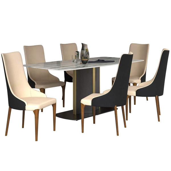leisure mod Sylvia 7-Piece Dining Set with Rectangular Sintered Stone Top Table and 6 Upholstered Dining Chairs with Ash Wood Base