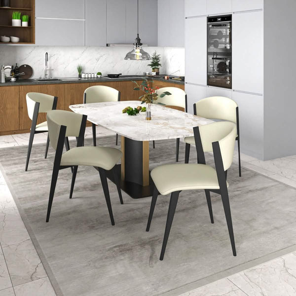 Leisure Mod Sylvia 7-Piece Dining Set With Rectangular Table In Sintered Stone Top And 6 Leather Side Chairs