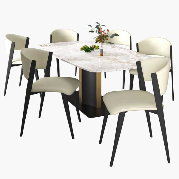 leisure mod Sylvia 7-Piece Dining Set with Rectangular Table in Sintered Stone Top and 6 Leather Side Chairs