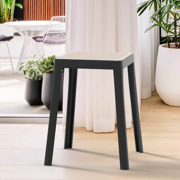 Leisure Mod Tresse Mid-Century Modern Stackable Square Plastic Dining Stool With Wicker Top