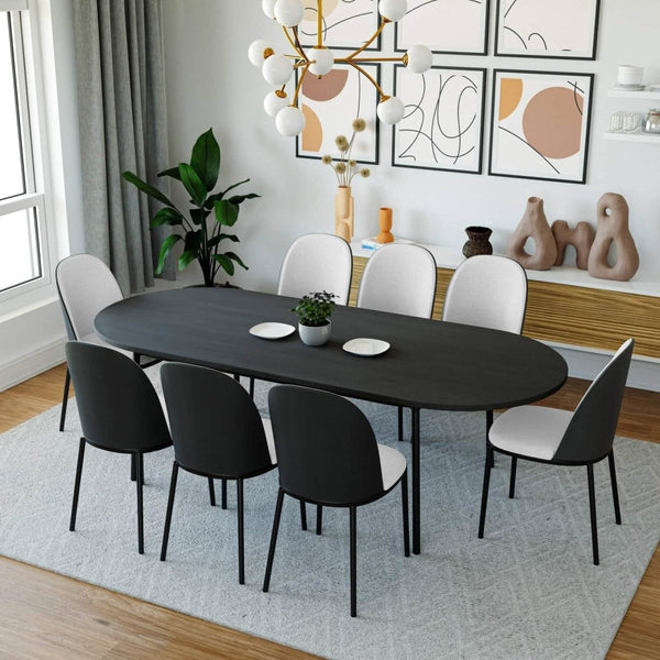 Leisure Mod Tule 9-Piece Dining Set In Steel With 8 Upholstered Seat Dining Chairs And 83" Oval Dining Table With MDF Tabletop