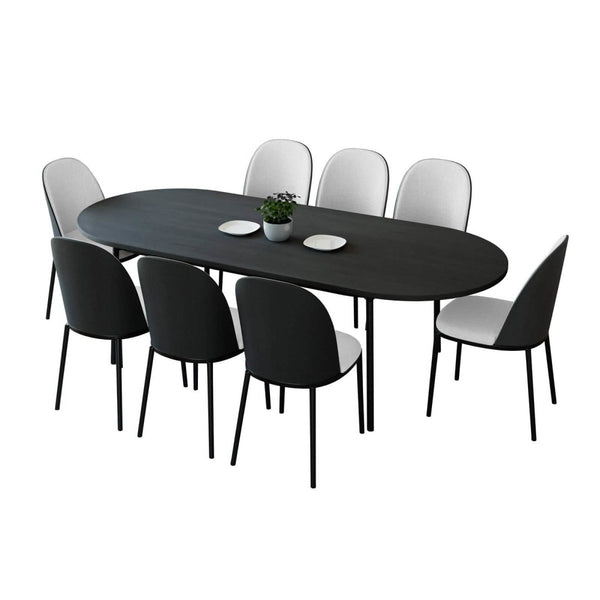 leisure mod Tule 9-Piece Dining Set in Steel with 8 Upholstered Seat Dining Chairs and 83" Oval Dining Table with MDF Tabletop