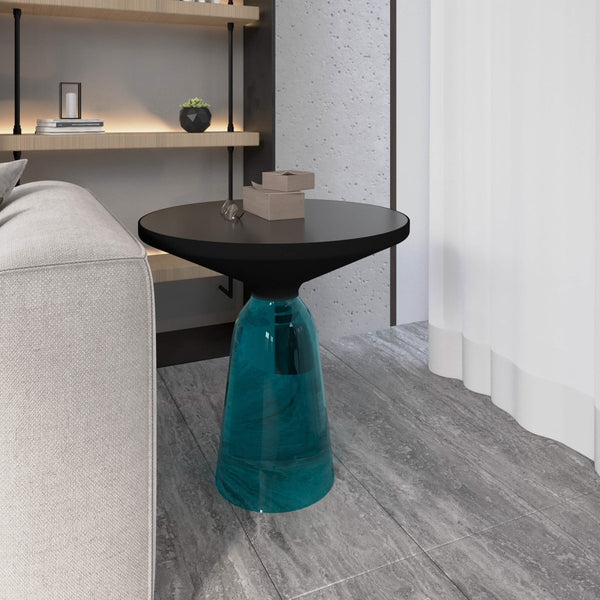 Leisure Mod Tully 19-Inch Round Glass/Stone Side Table With Iron Rim Frame And Glass Base