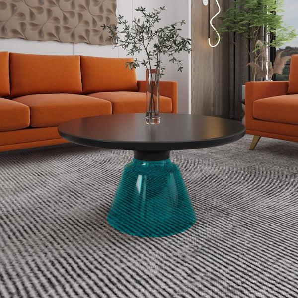 Leisure Mod Tully 30-Inch Round Glass/Stone Coffee Table With Iron Rim Frame And Glass Base