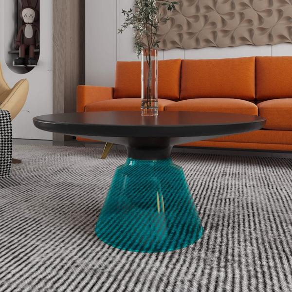 Leisure Mod Tully 30-Inch Round Glass/Stone Coffee Table With Iron Rim Frame And Glass Base