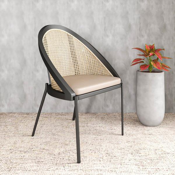 Leisure Mod Urbane Dining Chair With Vinyl Fabric Seat And Wicker/Vinyl Backrest In Black Stainless Steel