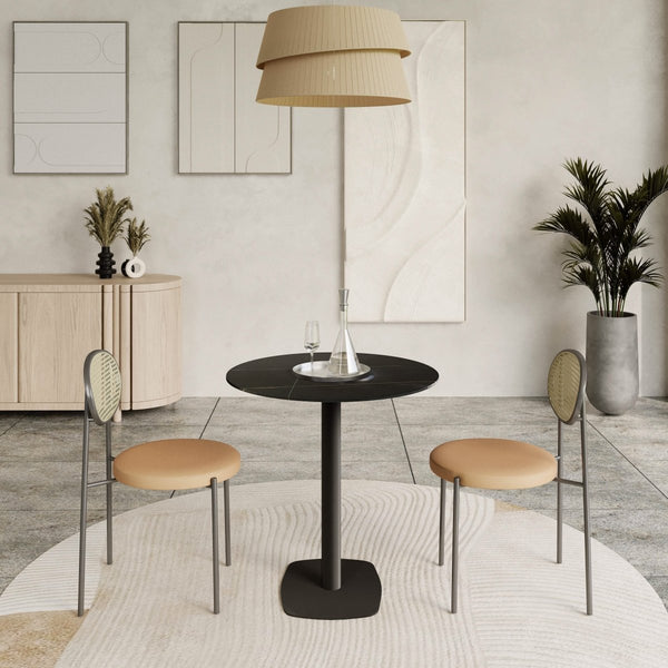 Leisure Mod Vail Collection Dining Table Black Rectangle Base With 27"/36" Round Stone Top