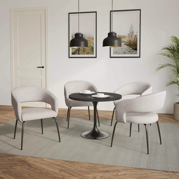 Leisure Mod Verve 5-Piece Dining Set With 36" Round Dining Table In Black MDF Top And 4 Dining Chairs Upholstered In Velvet/Leather