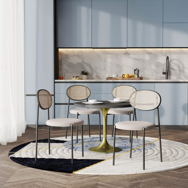 Leisure Mod Verve 5-Piece Dining Set With 36" Round Dining Table Black MDF Top And Gold Base With 4 Velvet Dining Chairs In Black Steel Legs