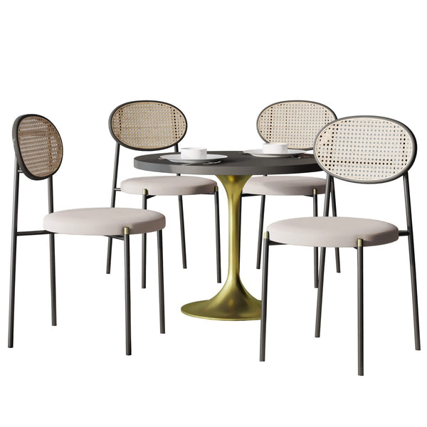 leisure mod Verve 5-Piece Dining Set with 36" Round Dining Table Black MDF Top and Gold Base with 4 Velvet Dining Chairs in Black Steel Legs