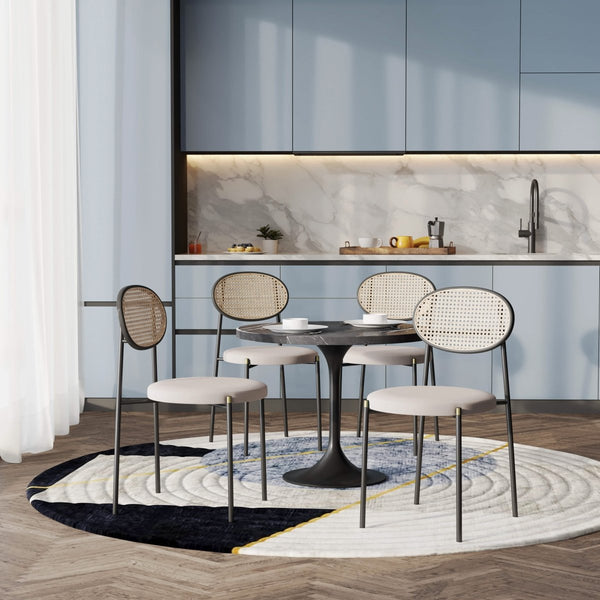 Leisure Mod Verve 5-Piece Dining Set With 36" Round Dining Table Black Sintered Stone Top And Black Pedestal With 4 Velvet Dining Chairs