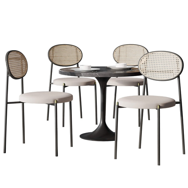 leisure mod Verve 5-Piece Dining Set with 36" Round Dining Table Black Sintered Stone Top and Black Pedestal with 4 Velvet Dining Chairs