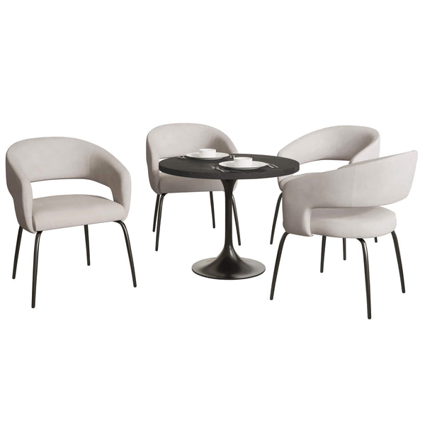 leisure mod Verve 5-Piece Dining Set with 36" Round Dining Table in Black MDF Top and 4 Dining Chairs Upholstered in Velvet/Leather