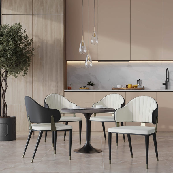 Leisure Mod Verve 5-Piece Dining Set With 36" Round Resin Top Table And 4 Leather Dining Chair