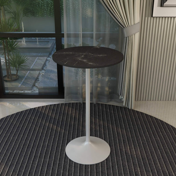 Leisure Mod Verve Bar Height Dining Table With Round MDF/Sintered Stone/Resin Top And White Stainless Steel Pedestal Base