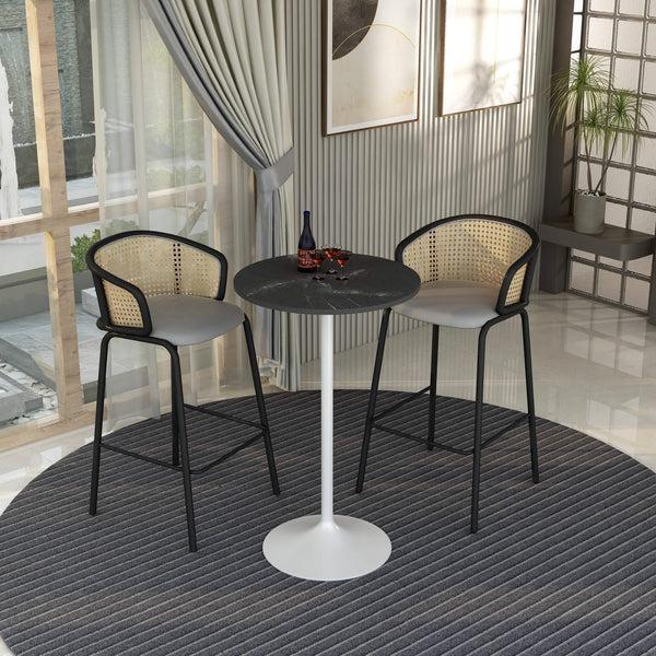 Leisure Mod Verve Bar Height Dining Table With Round MDF/Sintered Stone/Resin Top And White Stainless Steel Pedestal Base