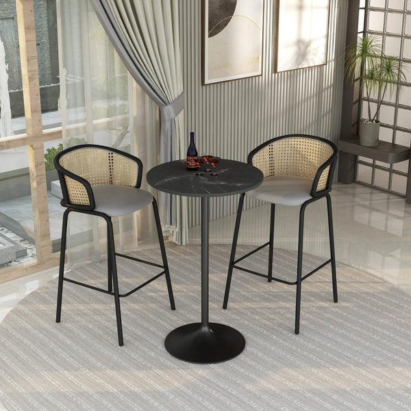 Leisure Mod Verve Bar Height Dining Table With Round MDF/Sintered Stone/Resin Top & Black Stainless Steel Base