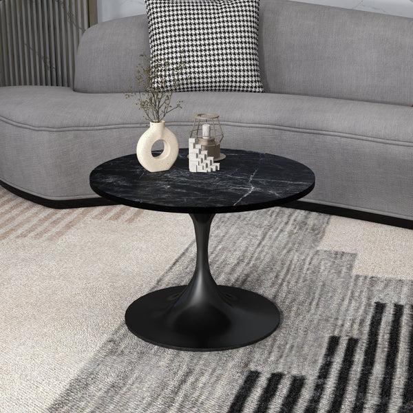 Leisure Mod Verve Round Coffee Table With MDF/Resin/Sintered Stone Tabletop And Black Stainless Steel Base