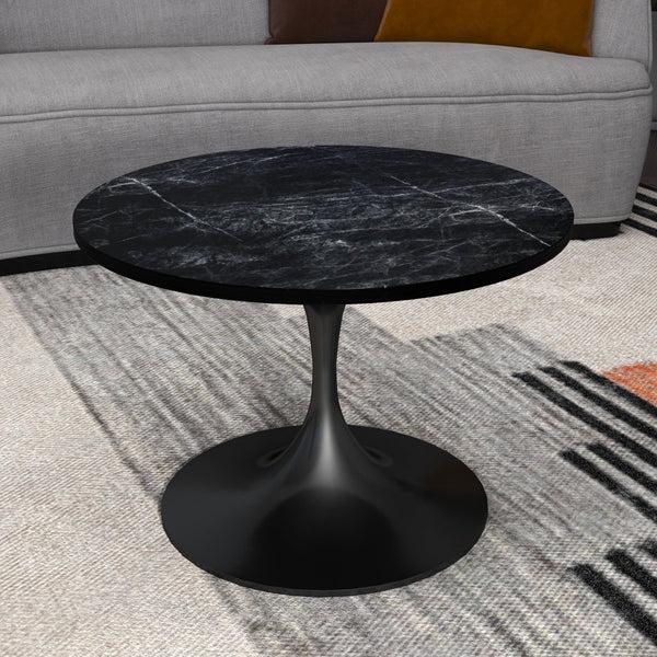 Leisure Mod Verve Round Coffee Table With MDF/Resin/Sintered Stone Tabletop And Black Stainless Steel Base