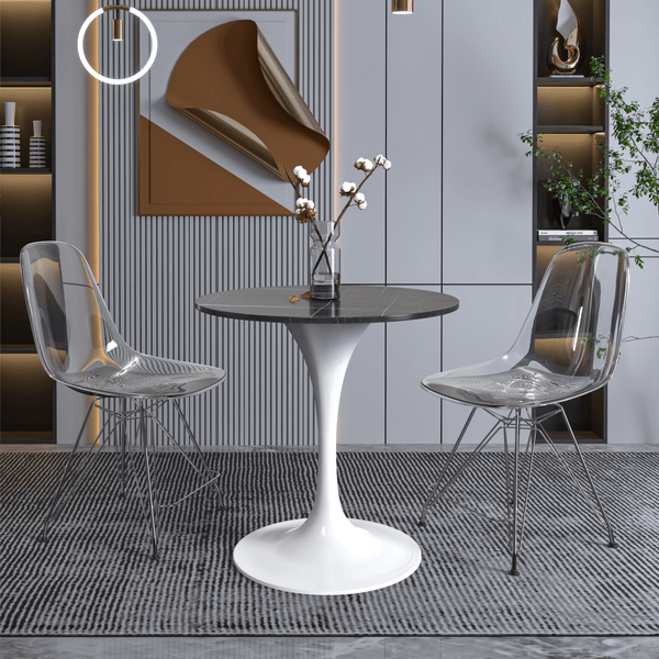 Leisure Mod Verve Round Dining Table With MDF/Sintered Stone/Resin Tabletop In White Stainless Steel Pedestal Base