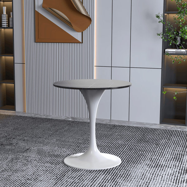 Leisure Mod Verve Round Dining Table With MDF/Sintered Stone/Resin Tabletop In White Stainless Steel Pedestal Base