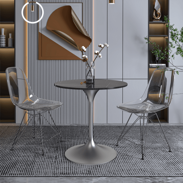 Leisure Mod Verve Round Dining Table With MDF/Sintered Stone/Resin Tabletop In Silver Stainless Steel Pedestal Base