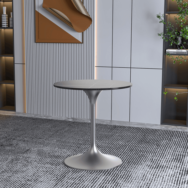 Leisure Mod Verve Round Dining Table With MDF/Sintered Stone/Resin Tabletop In Silver Stainless Steel Pedestal Base