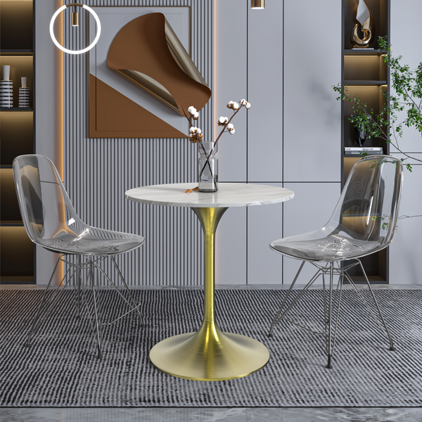Leisure Mod Verve Round Dining Table With MDF/Sintered Stone/Resin Tabletop In Gold Stainless Steel Pedestal Base