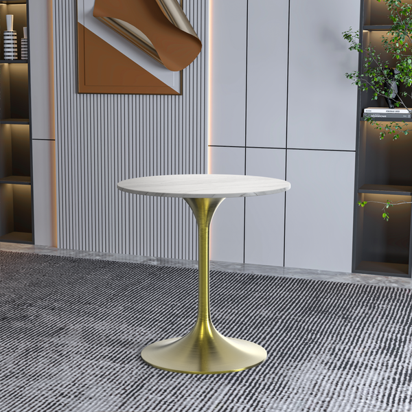 Leisure Mod Verve Round Dining Table With MDF/Sintered Stone/Resin Tabletop In Gold Stainless Steel Pedestal Base