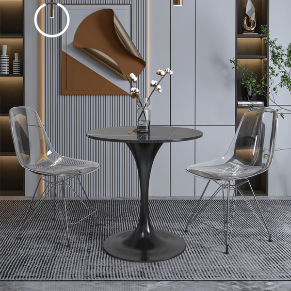 Leisure Mod Verve Round Dining Table With MDF/Sintered Stone/Resin Tabletop In Black Stainless Steel Pedestal Base