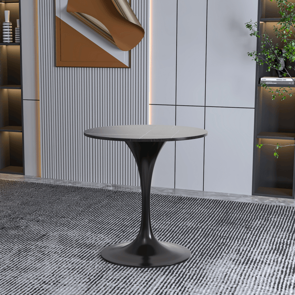 Leisure Mod Verve Round Dining Table With MDF/Sintered Stone/Resin Tabletop In Black Stainless Steel Pedestal Base