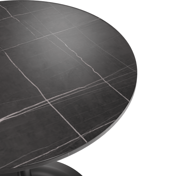 Leisure Mod Verve Round Dining Table With MDF/Sintered Stone/Resin Tabletop In Black Stainless Steel Pedestal Base