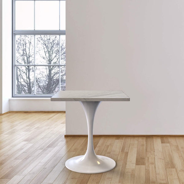 Leisure Mod Verve Square Dining Table With A Laminated White Marbleized Tabletop And White/Black/Silver/Gold Steel Pedestal Base