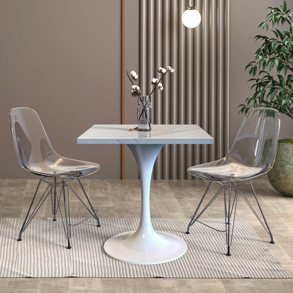 Leisure Mod Verve Square Dining Table With A Laminated White Marbleized Tabletop And White/Black/Silver/Gold Steel Pedestal Base