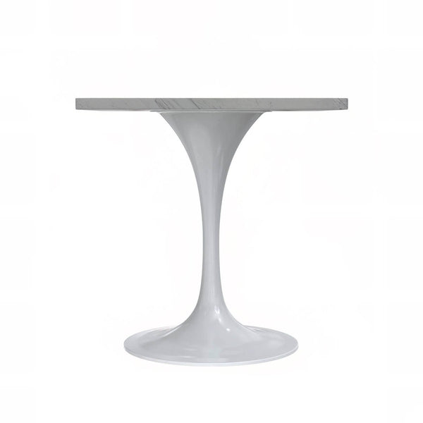 Leisure Mod Verve Square Dining Table With A Laminated White Marbleized Tabletop And White/Black/Silver/Gold Steel Pedestal Base