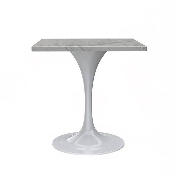 leisure mod Verve Square Dining Table with a Laminated White Marbleized Tabletop and White/Black/Silver/Gold Steel Pedestal Base