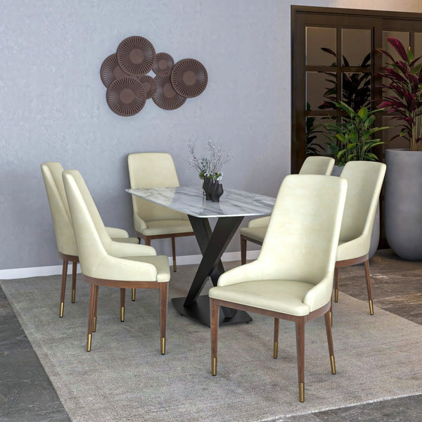 Leisure Mod Viva Dining Side Chair Upholstered In Leather With Brown Rubberwood Legs